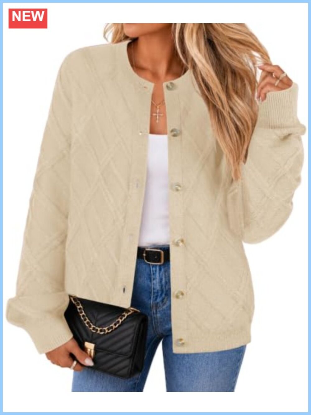 Diamond Textured Knit Button Up Cardigan Long Sleeve Crew Neck